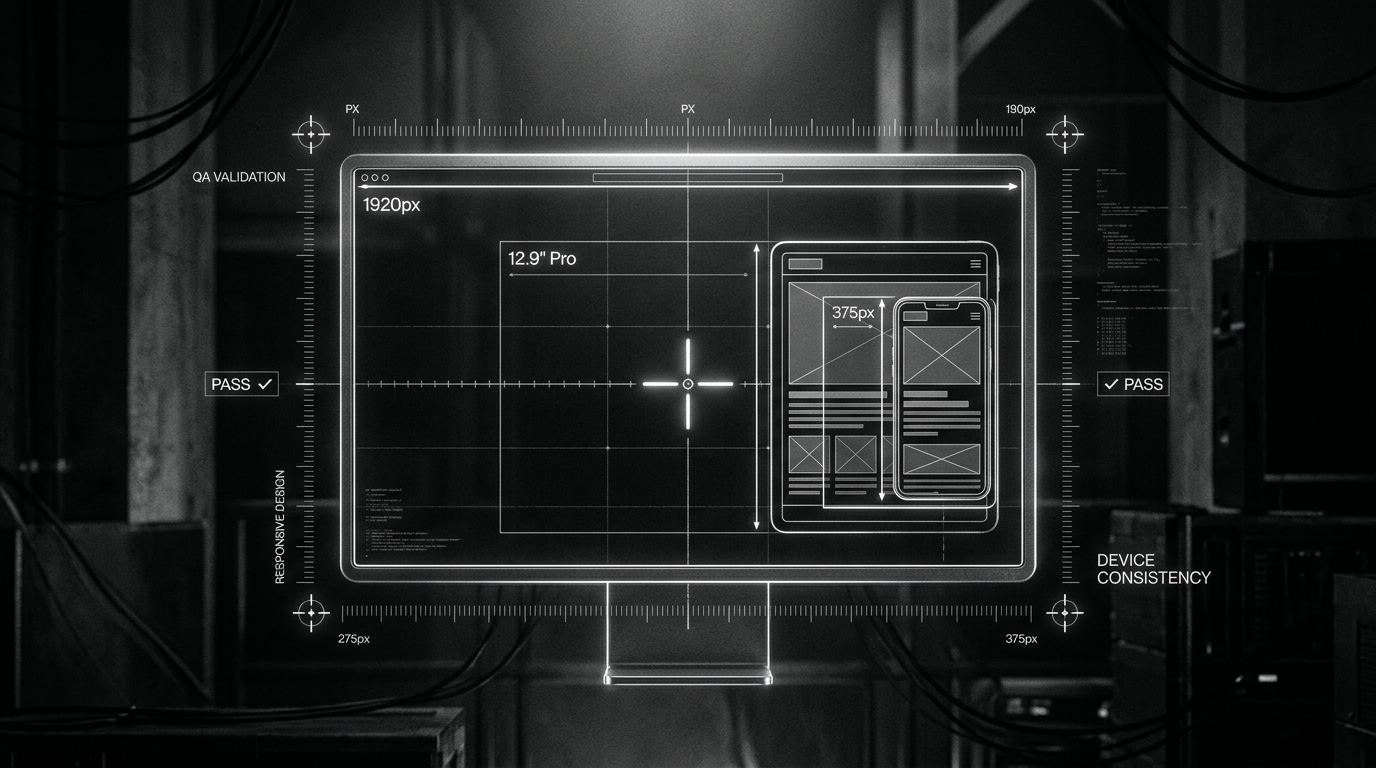 Nested desktop, tablet and phone frames with alignment ticks and a measuring rule