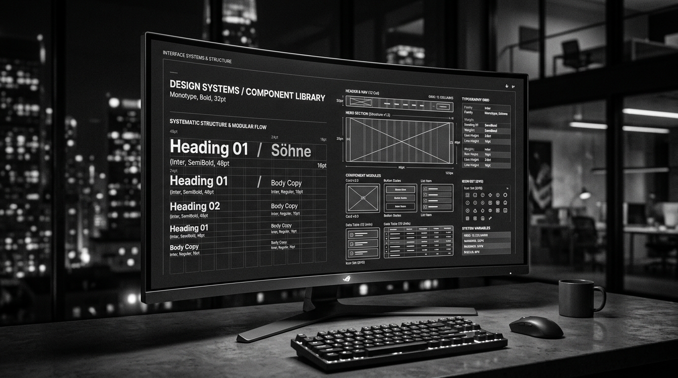 A wireframe browser layout with a large type specimen and component blocks