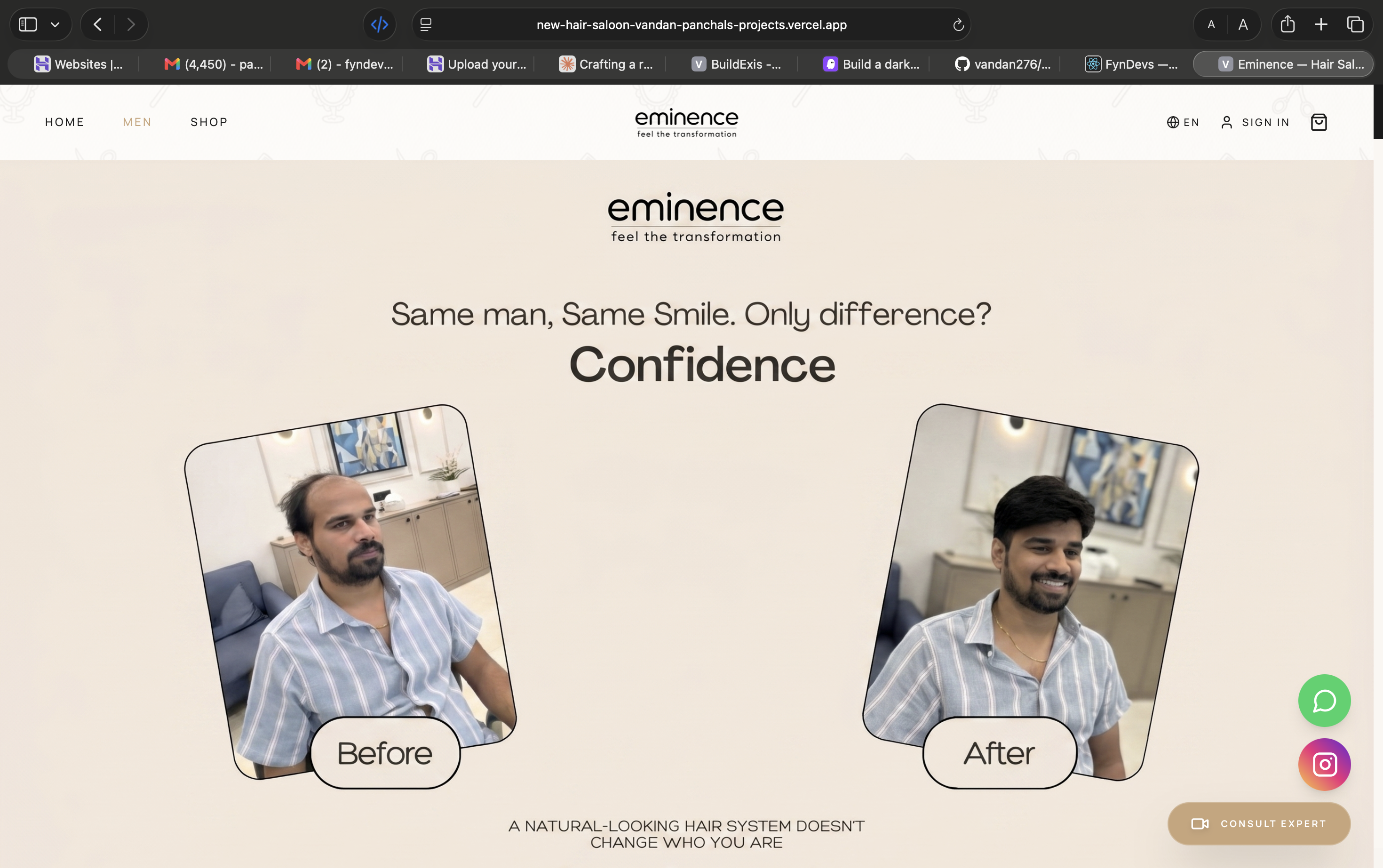 Eminence before-and-after section pairing two portraits under a confidence headline