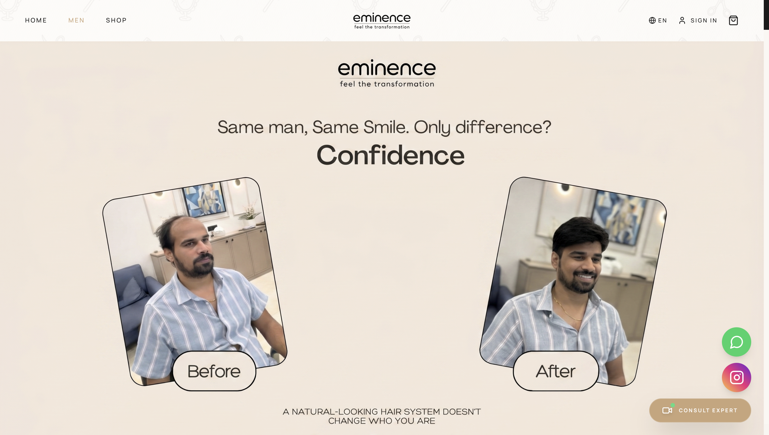 Eminence hair systems storefront homepage with shop navigation