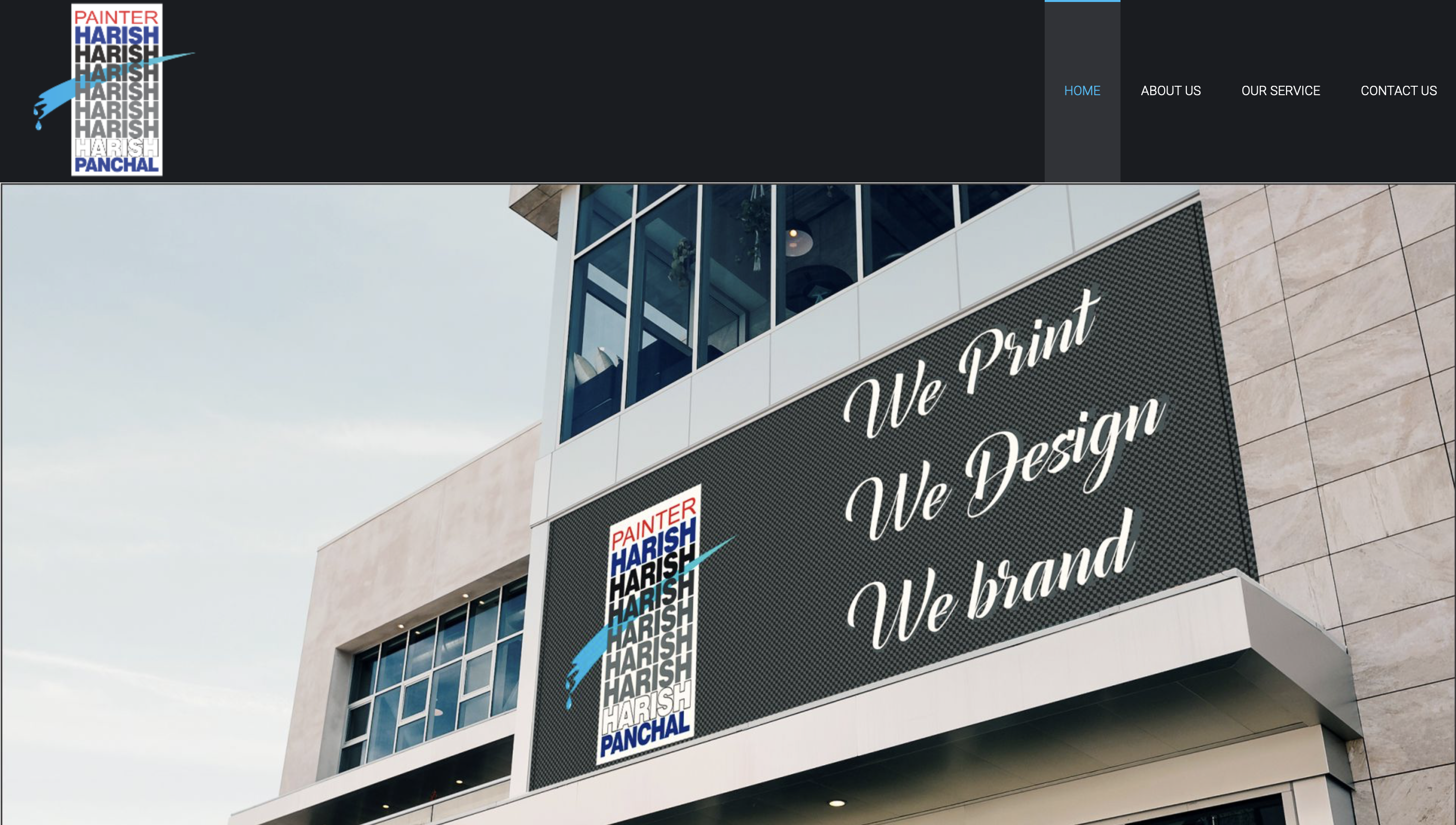 Harish Panchal printing and branding site, with the identity applied across a building-scale display