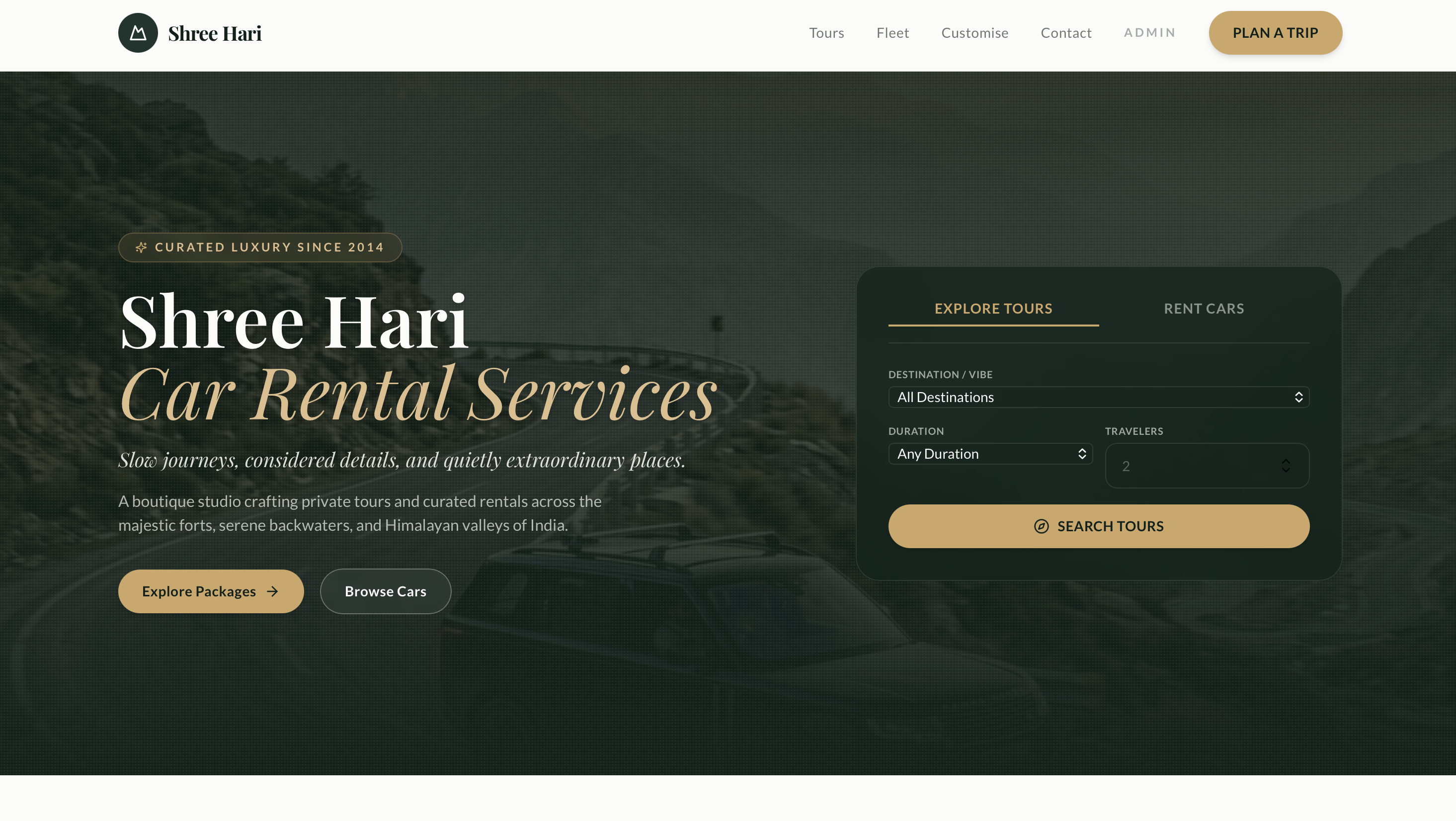 Jay Shree Car Rental marketing site, showing the fleet presentation on the homepage